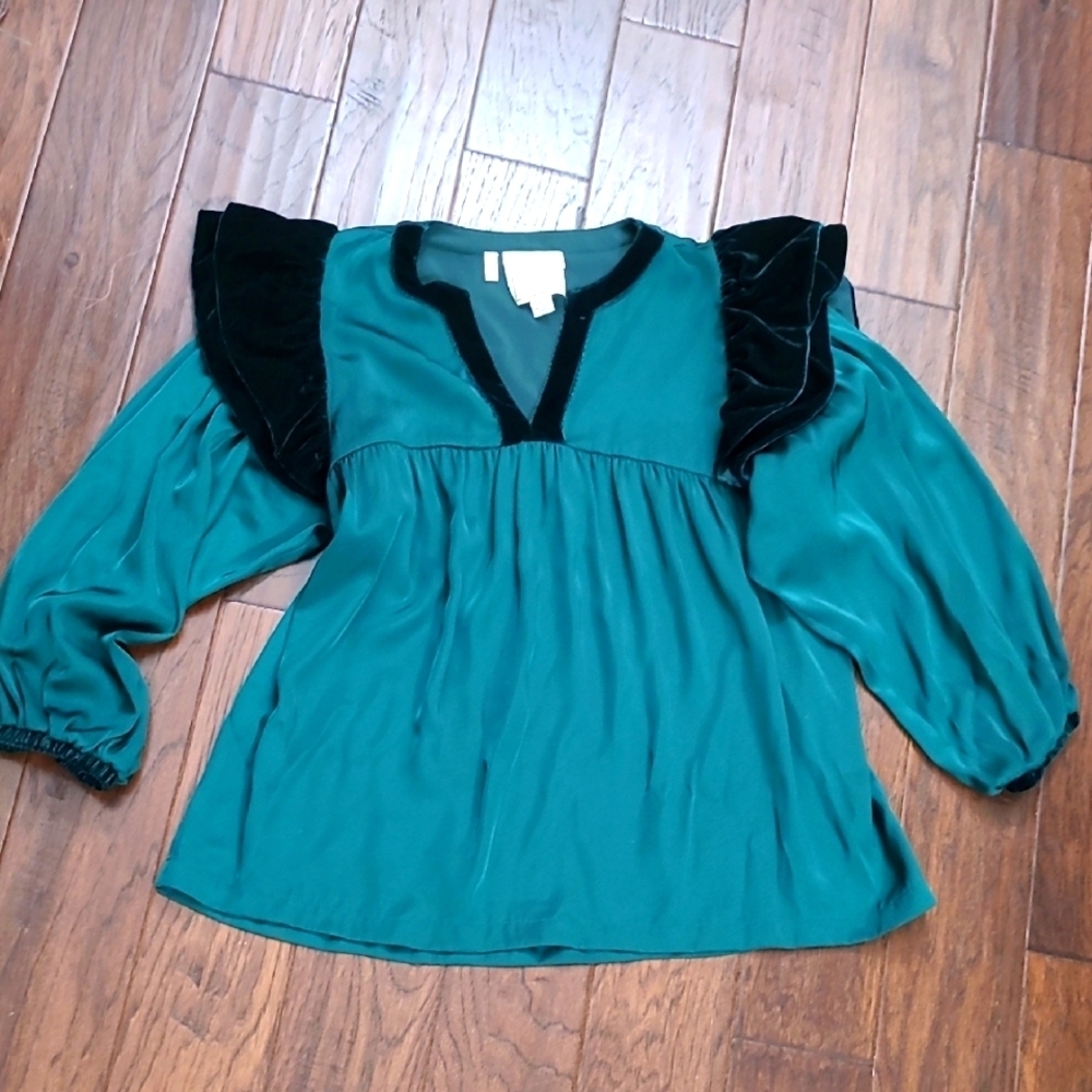 Emily McCarthy Green Blouse with Velvet Trim & Ruffled Sleeves size XL